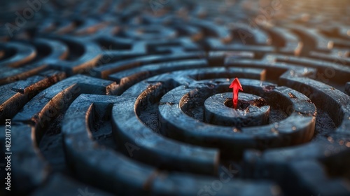 Navigate to Victory: Red Arrow Leading Through Round Maze