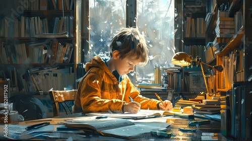 Child doing homework at a desk with books and stationery