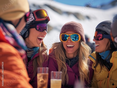 Three women are smiling and laughing while sitting around a table with glasses of beer. They are wearing goggles and winter gear, suggesting that they are enjoying a day of skiing or snowboarding