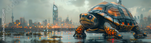 A turtle with a satellite dish shell and periscopic eyes monitoring the coastal shores of a futuristic metropolis