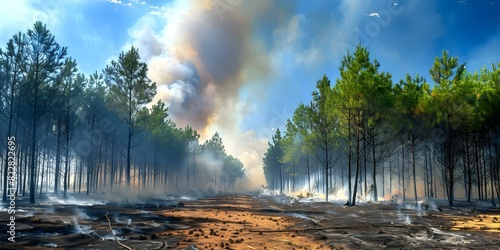 Global environmental catastrophe: Wildfire ravages pine forest during dry season. Concept Environmental, Wildfire, Pine Forest, Dry Season, Catastrophe