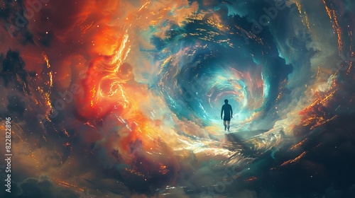A person traveling through a swirling vortex of time and space,