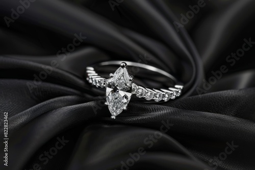 A glamorous diamond ring with a marquise-cut diamond, on a black satin fabric