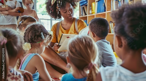 A female teacher engaging a diverse group of young children with a story during a fun, interactive classroom reading session.