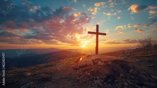 Jesus on the Wooden Cross: A Solemn Sunset Crucifixion Scene