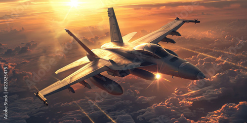 A fighter jet ascends into the sunset, the dramatic lighting enhancing the sense of freedom.