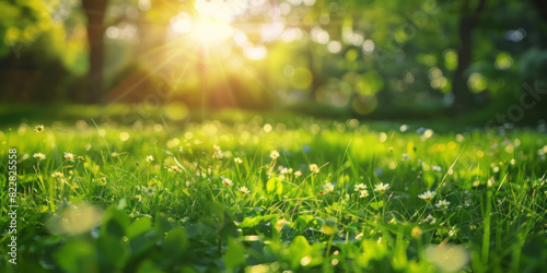 A blurred background showcases a spring nature scene of a green grass meadow in a park with trees on a sunny day.
