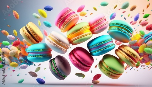 Various colorful of macarons floating in the air with motion blur white background 