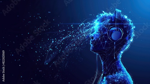 Music generated by artificial intelligence. Creating musical compositions using a neural network. A humanoid wearing headphones. Low-poly design of lines and dots. Blue background.