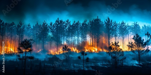A devastating wildfire strikes a pine forest during the dry season: A global disaster. Concept Natural Disasters, Wildfires, Climate Change, Environmental Conservation, Emergency Response