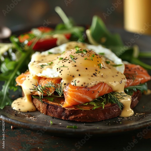 decadent egg benedicts with smoke salmon garnished with chopped dill, rye bread oozing with hollandaise sauce