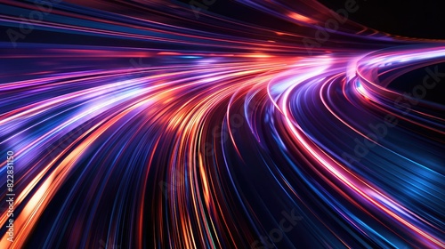 Abstract background with dynamic light trails forming curved lines on a dark backdrop