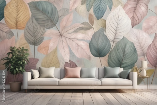 Art painted leaves on wall wallpaper for the interior designs