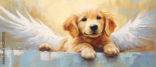 Cute puppy angel in animal heaven Oil painting on canvas with texture and brush strokes Grief card Ideal of crematories