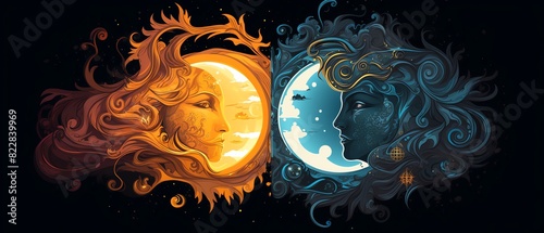 Sun and moon Contrasting elements concept art Good and evil yin and yang Hot and cold Light and dark Love and hate With copy space for text Thermal Equilibrium Hot and Cold