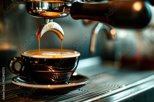 A espresso machine pouring coffee