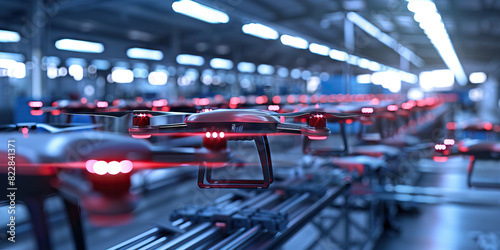 Aerial Drone Manufacturing Facility: Displaying a factory where drones are manufactured and tested for various purposes