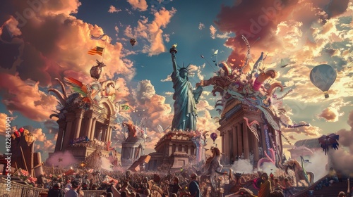  American Liberty, US economy, fantastical illustrations filled with a riot of colors, medieval tapestries, VFX