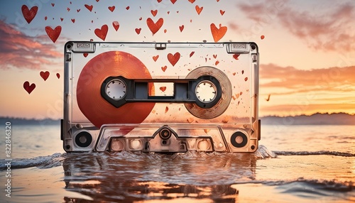 Vintage Cassette Tape with Falling Hearts at Sunset