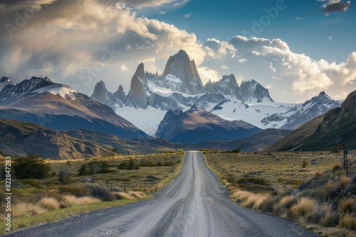 Road to el chalten, beautiful fitz roy, cerro torre, dramatic sky sunlight, and cloud - generative ai