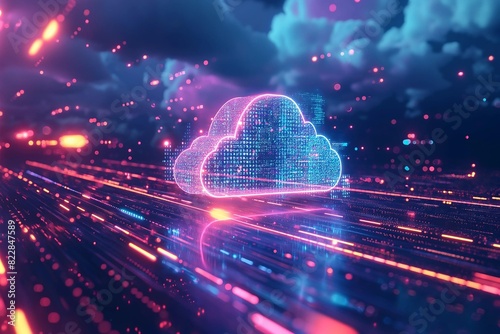 Neon cloud icon with binary code on a digital highway, symbolizing cloud computing and data transfer. Futuristic and vibrant representation of technology and connectivity in a virtual environment