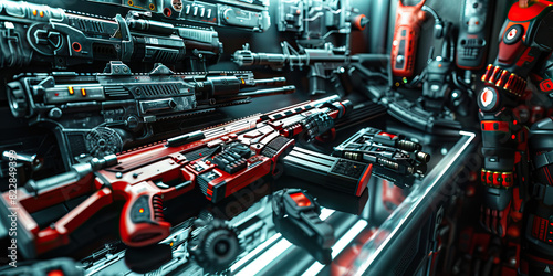 Reimagined Cyberpunk Armory: A vibrant array of futuristic gadgets and protective gear weapons