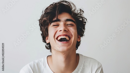 Close up view of a teenage boy with curly hair, isolated on a plain gray background. White shirt.