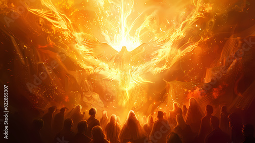 Pentecost. The descent of the Holy Spirit on the followers. People in front of a bright fire with white dove in the sky. Digital painting.