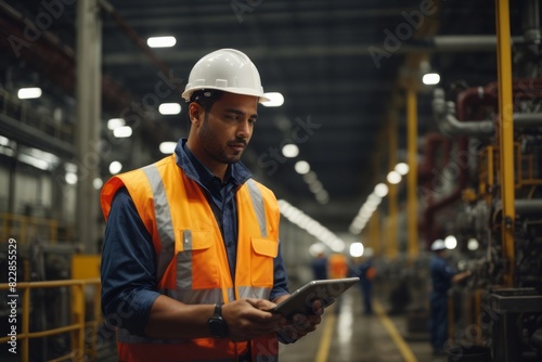 Industrial engineer in pipe manufacturing factory using digital tablet to control and supervise oil gas and fuel production