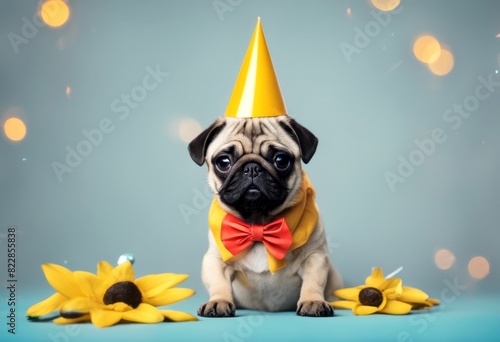 animal pug solid text birthday advertisement olated dog invite creative invitation concept copy puppy fashionable background group bright outfits space party vibrant banner