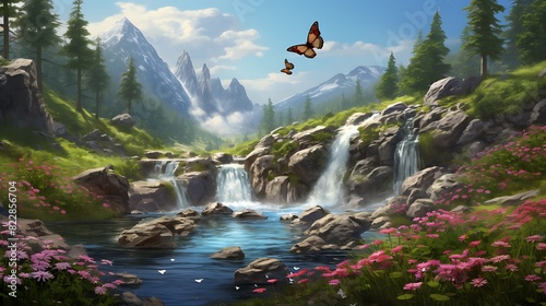 A gentle waterfall meandering through a peaceful meadow, with a few butterflies flitting about.