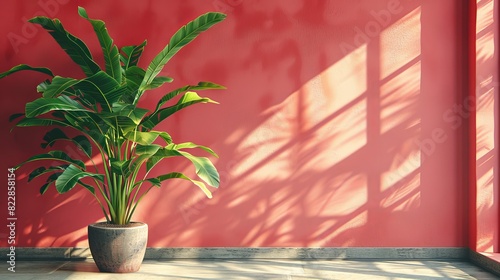 a plant in a pot against a red wall