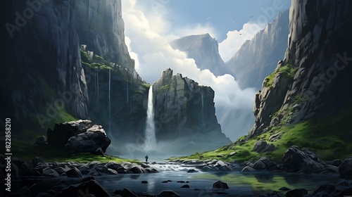 A stunning waterfall dropping from a towering cliff, with a massive boulder at its base.
