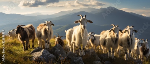 Goats climbing rocky terrain on a rural farm, with mountains in the background