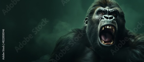 Frustrated gorilla on dark green background, intense tones, space for text
