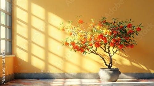 a plant in a pot in front of a yellow wall