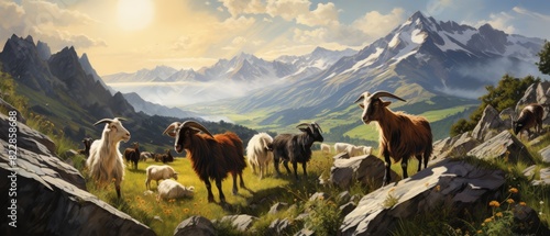 Goats climbing rocky terrain on a rural farm, with mountains in the background