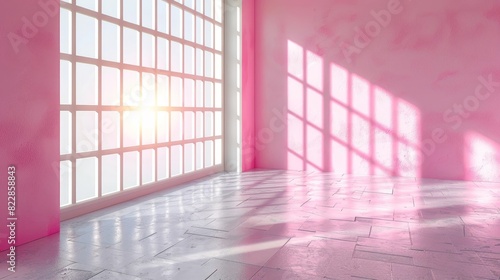 a room with a window and a pink wall