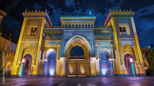 The main gate of the marrocan king palace in Fes at night, with yellow and blue colors, wide angle shot, front view, professional photography lighting, high resolution camera