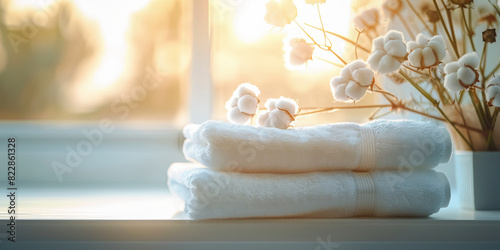Three neatly folded white towels on a windowsill with a decorative vase of cotton branches beside them, bathed in warm, natural sunlight.