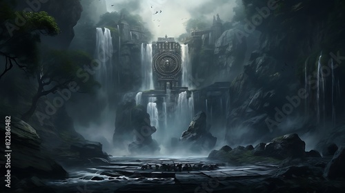 A mystical waterfall shrouded in mist and legend, with a few ancient artifacts scattered about.