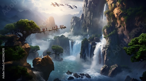 A towering waterfall plunging from a sheer cliff, with a few daredevil base jumpers leaping off the edge.