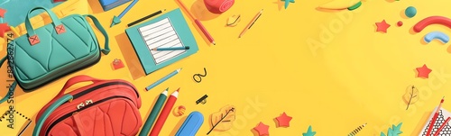 School supplies and pencil case. Back to school concept on yellow background