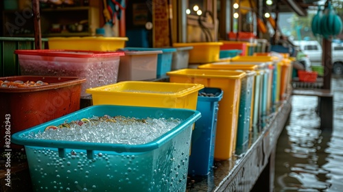 Icy containers holding seafood for market freshness