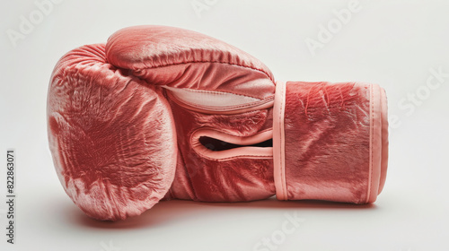 A pair of pink boxing gloves lying on their sides, with padding visible and straps tucked in, against a white background.