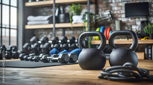 A well-equipped home gym with kettlebells in the foreground, dumbbell sets on a rack, exercise mats, and resistance bands in a room with a brick wall.