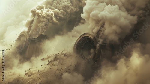 Amidst a cloud of dust the giant turbines of a coal power plant collapse bringing an end to their decades of operation.