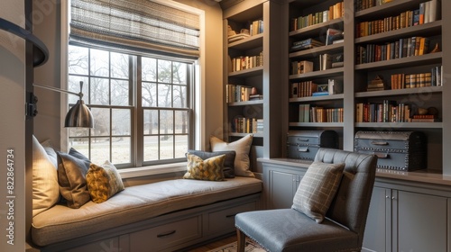 A subdued and inviting office space complete with a comfortable reading nook.