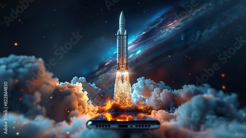 Rocket Launching From A Smartphone. 3D Illustration.