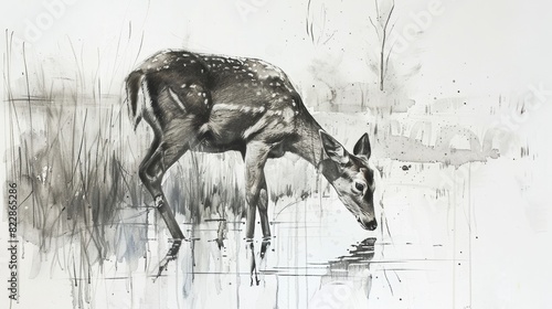 The effortless grace of a grazing deer captured in a nature sketch as it blends into the quiet landscape.